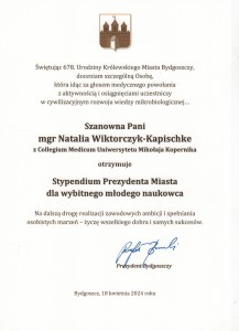 Stypendium Prezydenta Miasta dla wybitnego młodego naukowca z Katedry Mikrobiologii. Kliknij, aby powiększyć zdjęcie.