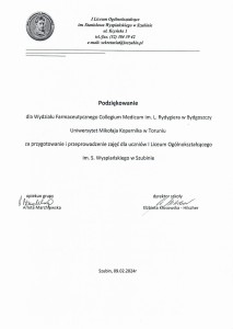 Podziękowania za organizację warsztatów dla uczniów szkół średnich. Kliknij, aby powiększyć zdjęcie.