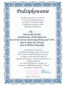 Podziękowania za organizację warsztatów dla uczniów szkół średnich. Kliknij, aby powiększyć zdjęcie.