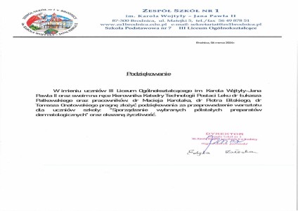 Podziękowania za organizację warsztatów dla uczniów szkół średnich. Kliknij, aby powiększyć zdjęcie.