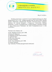 Podziękowania dla pracowników za udział i realizację V edycji warsztatów . Kliknij, aby powiększyć zdjęcie.
