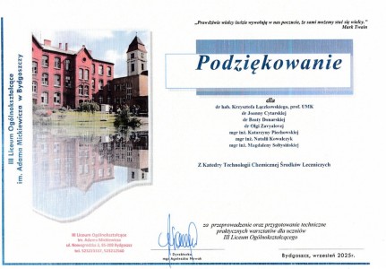 Podziękowania za organizację VI edycji Warsztatów dla Uczniów Szkół Ponadpodstawowych. Kliknij, aby powiększyć zdjęcie.