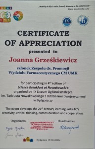 Wydział Farmaceutyczny CM UMK na IV Śniadaniu Naukowym u Nowakowskiego. Kliknij, aby powiększyć zdjęcie.