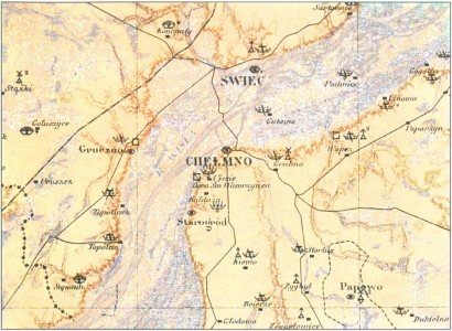 Ryc. 1. Fragment „Mapy Archeologicznej Prus Zachodnich (...)”z lokalizacją stanowisk  archeologicznych w Kałdusie (wg Ossowski 1880). Kliknij, aby powiększyć zdjęcie.
