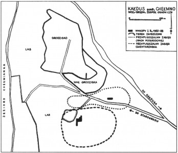 Ryc. 10. Kałdus, woj. kujawsko-pomorskie. Plan wczesnośredniowiecznego zespołu osadniczego wraz z zasięgiem cmentarzyska (stanowisko 1) i osady podgrodowej (stanowisko 2) (wg. Kaszewska 1960). Kliknij, aby powiększyć zdjęcie.