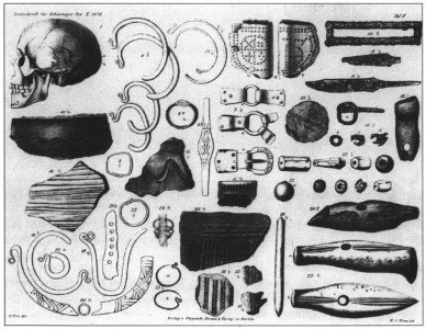 Ryc. 2. Kałdus, woj. kujawsko-pomorskie, stanowisko 1. Przedmioty znalezione na terenie cmentarzyska w trakcie badań A. Lissauera (wg Lissauer 1878, tabl. II). Kliknij, aby powiększyć zdjęcie.