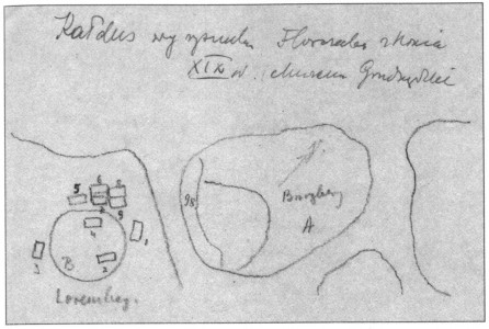 Ryc. 4. Kałdus, woj. kujawsko-pomorskie, stanowisko 1. Odręczny rysunek z lokalizacją wykopów K. Florkowskiego (archiwum Działu Archeologii Muzeum Okręgowym w Toruniu). Kliknij, aby powiększyć zdjęcie.