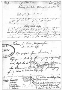 Ryc. 8. Fragmenty korespondencji między K. Dittbrennerem a dyrekcją Museum Völkerkunde w Berlinie: a – z dnia 8.10.1896 r.; b – z dnia 23.05.1897 r. (archiwum Museum  für Vor- und Frühgeschichte w Berlinie). Kliknij, aby powiększyć zdjęcie.