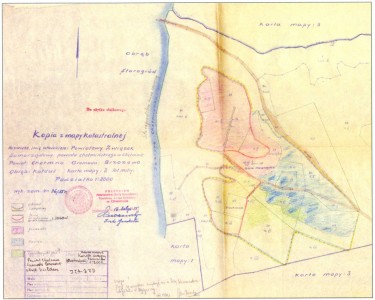 Ryc. 9. Mapa katastralna Góry św. Wawrzyńca i terenów przyległych z 1955 r. (archiwum Działu Archeologii Muzeum Okręgowego w Toruniu). Kliknij, aby powiększyć zdjęcie.