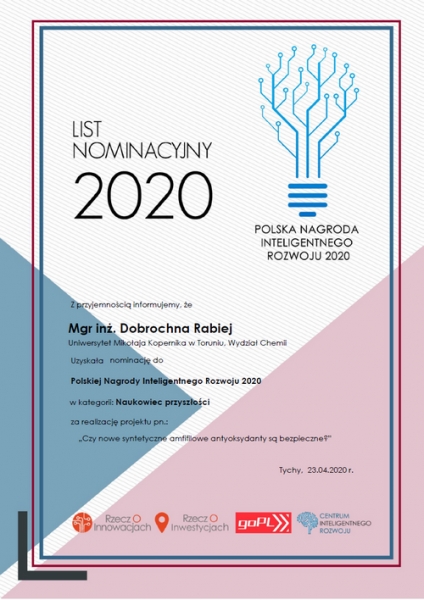 Pani mgr inż. Dobrochna Rabiej otrzymała nominację do Polskiej Nagrody Inteligentnego Rozwoju 2020 w kategorii ,,Naukowiec przyszłości