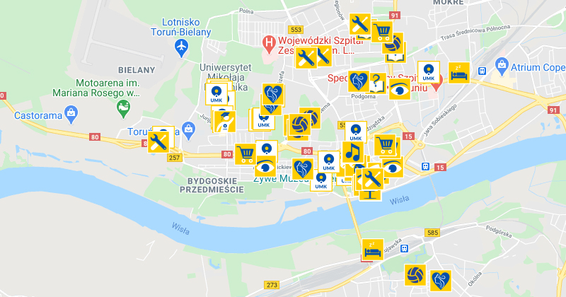 na grafice mapa Torunia z oznaczonymi siedzibami Partnerów oferujących przywileje absolwentom