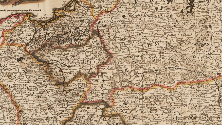 Mapa ukazująca terytorium Wielkiego Księstwea Litewskiego, odbitka jednobarwna, kolorowane granice oraz alegorie w narożnikach arkusza