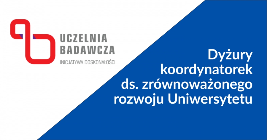 Biało-niebieska plansza z logiem programu Inicjatywa Doskonałości - Uczelnia Badawcza i powtórzeniem tytutułu ogłoszenia o dyżurach koordynatorek ds. zrównoważonego rozwoju Uniwersytetu