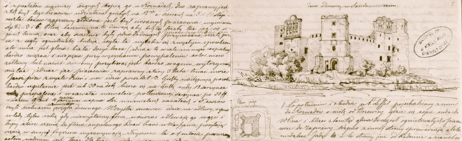 Fragment rękopisu w języku polskim opisującym wyprawę do zamku w Drzewicy, zilustrowany przedstawiającym go szkicem