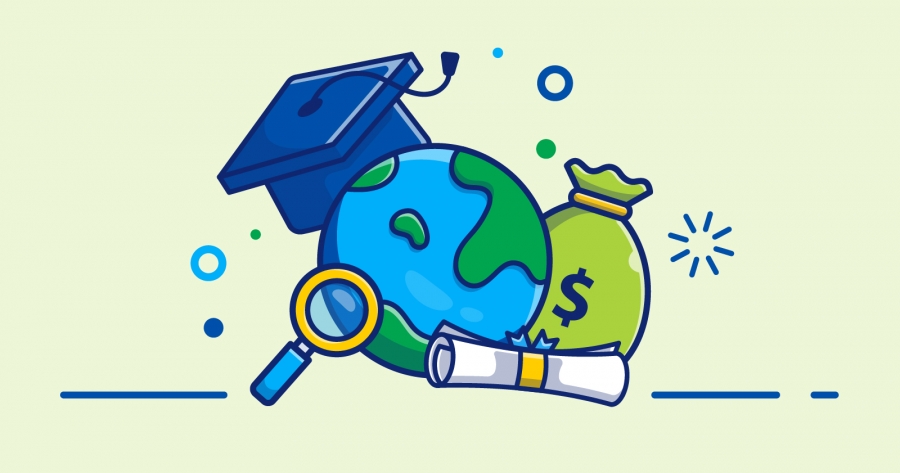 Grafika przedstawia zwój dyplomu, lupę, worek z symbolem dolara oraz Ziemię, na której jest granatowy biret
