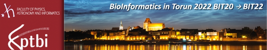Baner wydarzenia. Po lewej stronie na bordowym tle logo i nazwa Instytutu Fizyki UMK oraz Polskiego Towarzystwa Bioinformatycznego. Pozostała część baneru to panorama Starego Miasta w Torniu (zdjęcie wykonane wieczorem).