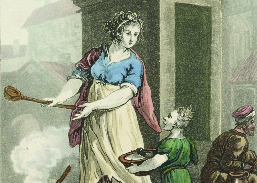 Rysunek: kobieta z chochlą i dziecko z miską
