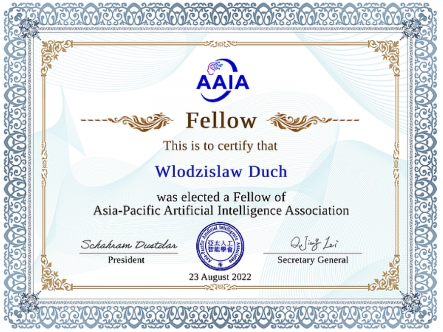 Scan of the certificate of AAIA Fellow of prof. Duch