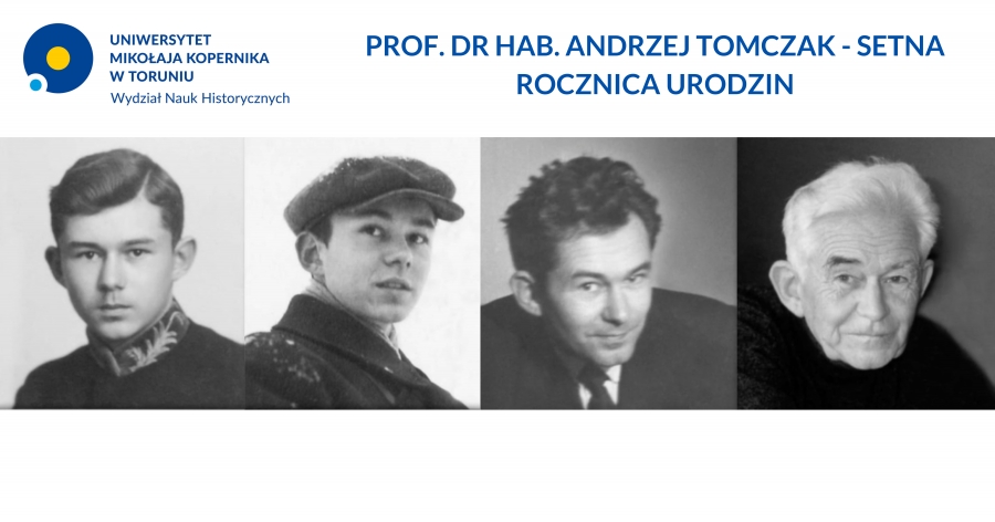 Zestawienie czterech fotografii profesora Andrzeja Tomczaka - od lat młodzieńczych do wieku dojrzałego.