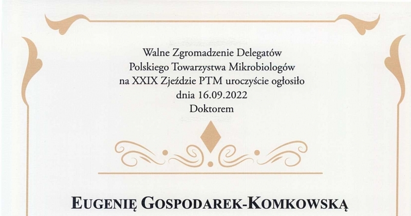 obrazek wiadomości: prof. dr hab. Eugenia Gospodarek-Komkowska Członkiem Honorowym Polskiego Towarzystwa Mikrobiologów