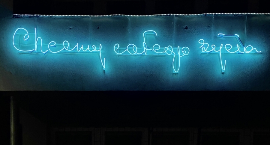 Neon-napis CHCEMY CAŁEGO ŻYCIA autorstwa Elżbiety Jabłońskiej. 