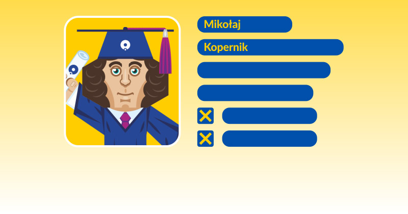 in the graphic, Nicolaus Copernicus in a toga and a biretta holding a diploma