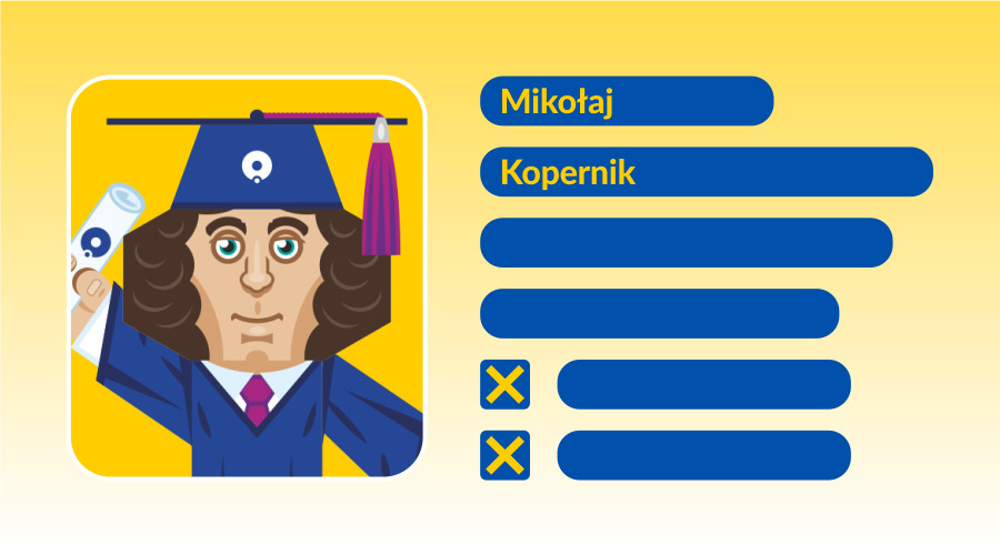 in the graphic, Nicolaus Copernicus in a toga and a biretta holding a diploma