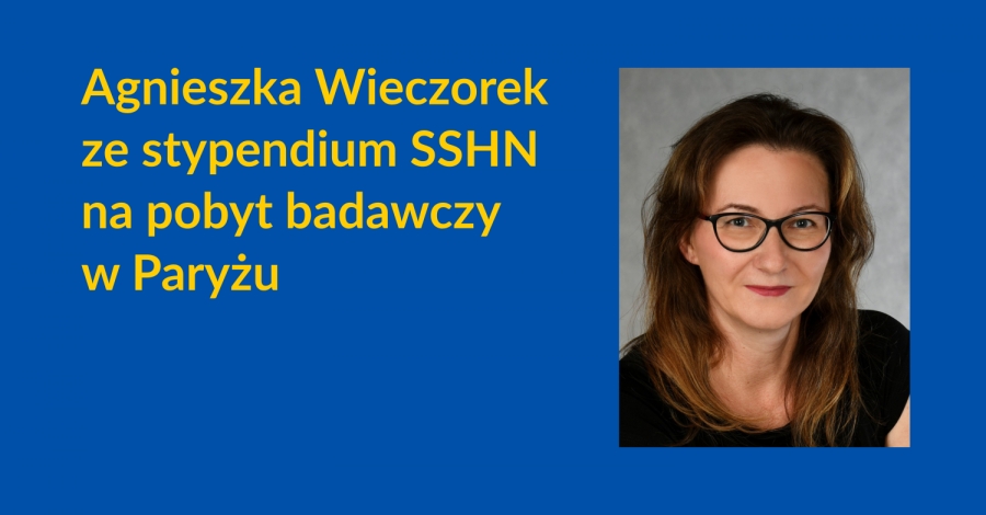 Na niebieskim tle fotografia kobiety w okularach i napis z tytułem wiadomości