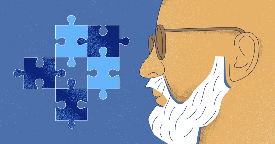 Na ilustracji po lewej stronie są puzzle, a po prawej twarz z profilu starszego mężczyzny