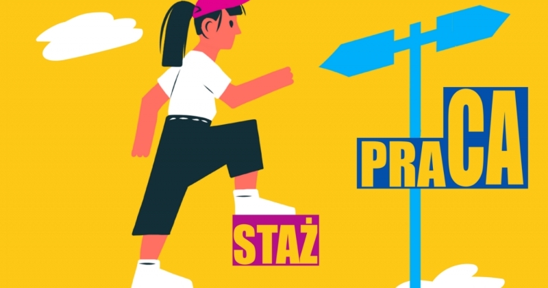 Plakat VII edycji konkursu "Student na staż". Rysunkowa dziewczyna wspina się po stopniach. Stopnie to napisy STUDIA, STAŻ, PRACA