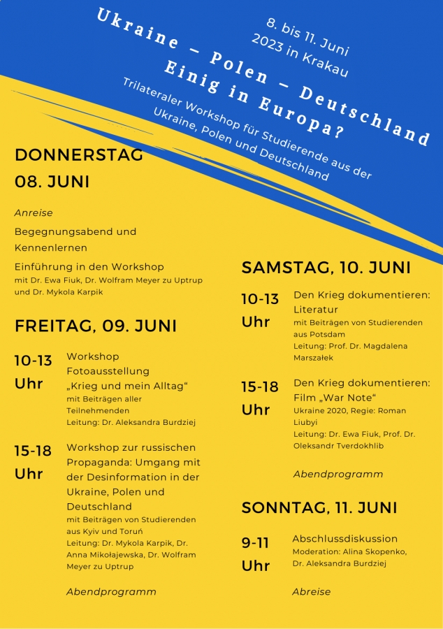 Plakat polsko-niemiecko-ukraińskieg workshopu ?Ukraine ? Polen ? Deutschland. Einig in Europa??