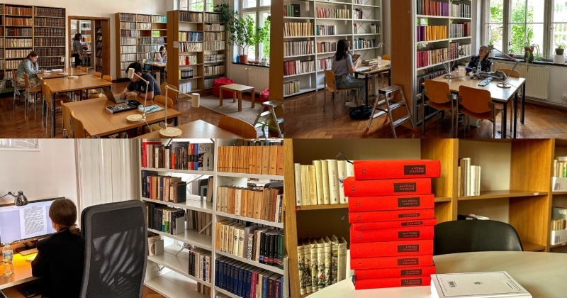Kolaż czterech zdjęć. Różne ujęcia na bibliotekę w Collegium Maius