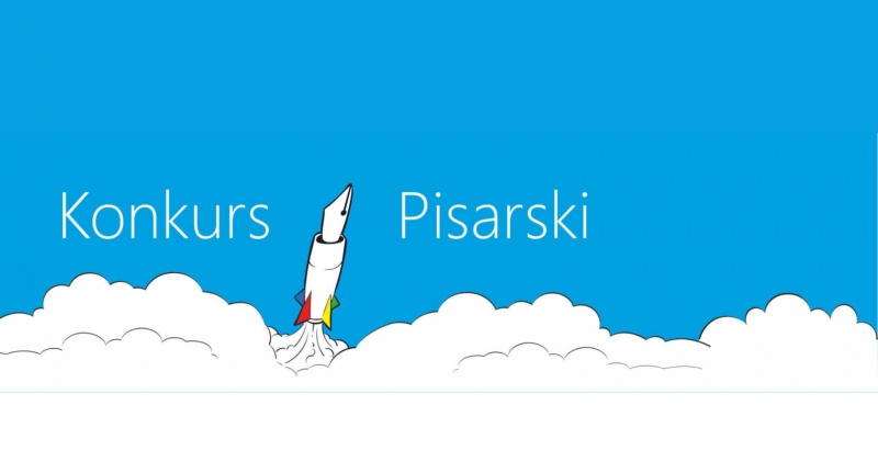 Rysunek. Z białych chmur wyłania się pióro do pisania. Na jasnoniebieskim tle napis konkurs pisarski.