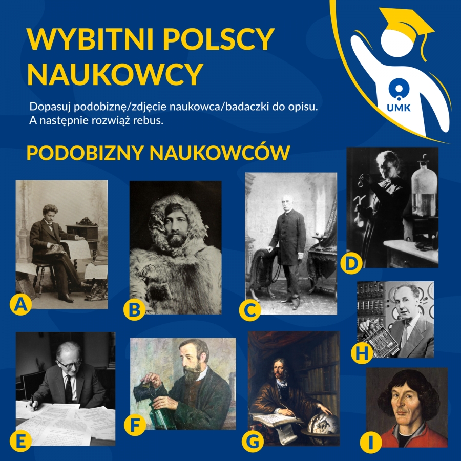 na grafice podobizny polskich naukowców i napis WYBITNI POLSCY NAUKOWCY