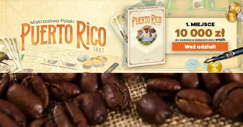 na zdjęciu okładka gry planszowej Puerto Rico 1897 oraz komponenty z gry