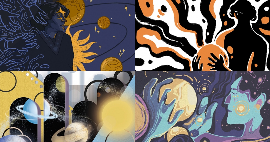Cztery zwycięskie projekty graficzne ułożone w kolaż. Na pierwszym widać postać Mikołaja Kopernika na środku, po jego lewej stronie widać dłonie, a po prawej część układu słonecznego. Na drugiej dominujące kolory to czarny, biały i pomarańczowy. Jest na n