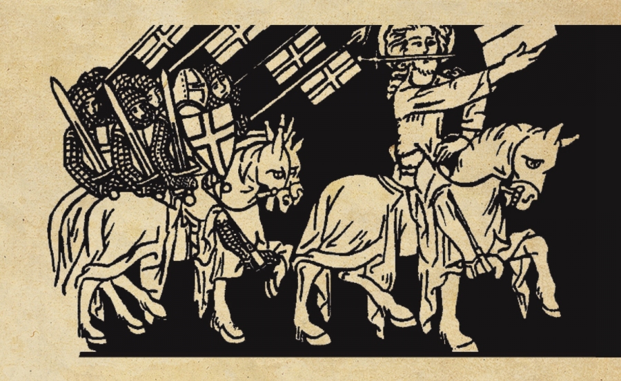 Stylizowana grafika przedstawiająca oddział konnych rycerzy poprzedzanych przez zapewne władcę, zaczerpnięta z średniowiecznej księgi