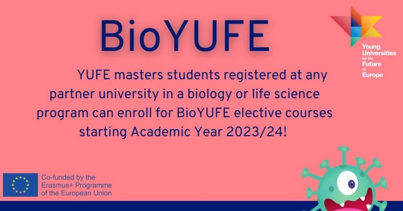 Plakat informujący o możliwości studiowania online w Jednym z Uniwersytetów zrzeszonych w YUFE