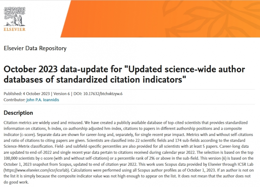 Title page of an article entitled October 2023 data-update for Updated science-wide author databases of standarized citation indicators
