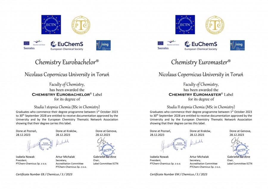 Certyfikaty Euromaster i Eurobachelor przyznane przez Stowarzyszenie ECTN kierunkowi chemia (pierwszego i drugiego stopnia)