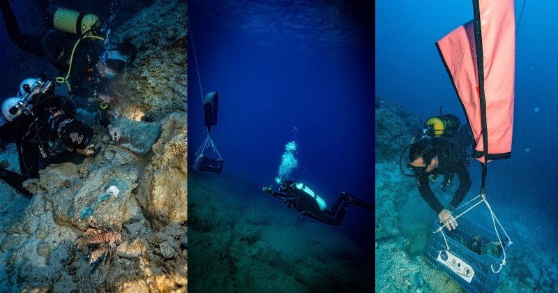 Trzy zdjęcia podwodne nurków badających wrak zatopiony u wybrzeży Turcji