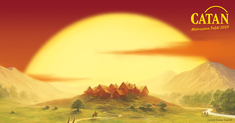 na grafice fragment okładki gry Catan - wiejski widoczek z zachodem słońca