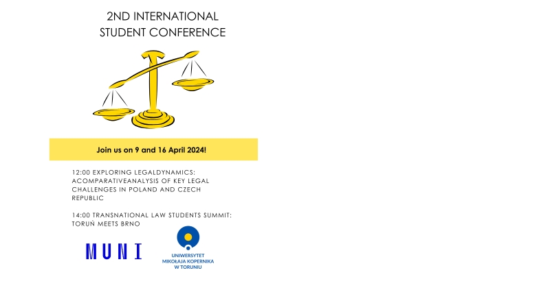 Grafika przedstawia plakat zapraszający na II Międzynarodową Hybrydową Konferencję Studencką organizowaną w dniach 9 i 16 kwietnia 2024 r.