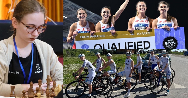 Kolaż złożony z trzech zdjęć. Po lewej Alicja Śliwicka podczas rozgrywki szachowej, po prawej na górze cztery biegaczki z dużym biletem kwalifikującym do udziału w Igrzyskach Olimpijskich, a poniżej zdjęcie cyklistek pozujących do zdjęcia podczas chwili p