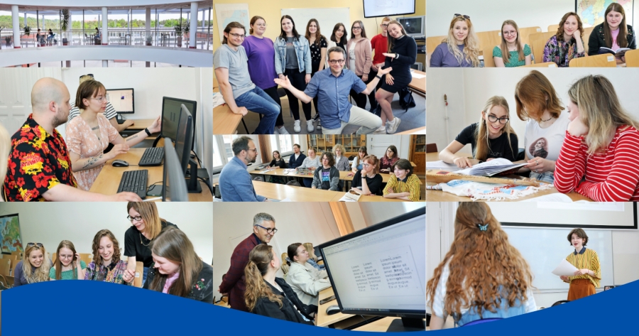 Kolaż ze zdjęciami studentów Wydziału Humanistycznego podczas zajęć 