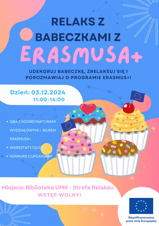 Plakat promujący spotkanie: Relaks z babeczkami z Erasmusa+