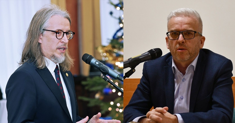 Dwa zdjęcia portretowe osób mówiących do mikrofonu