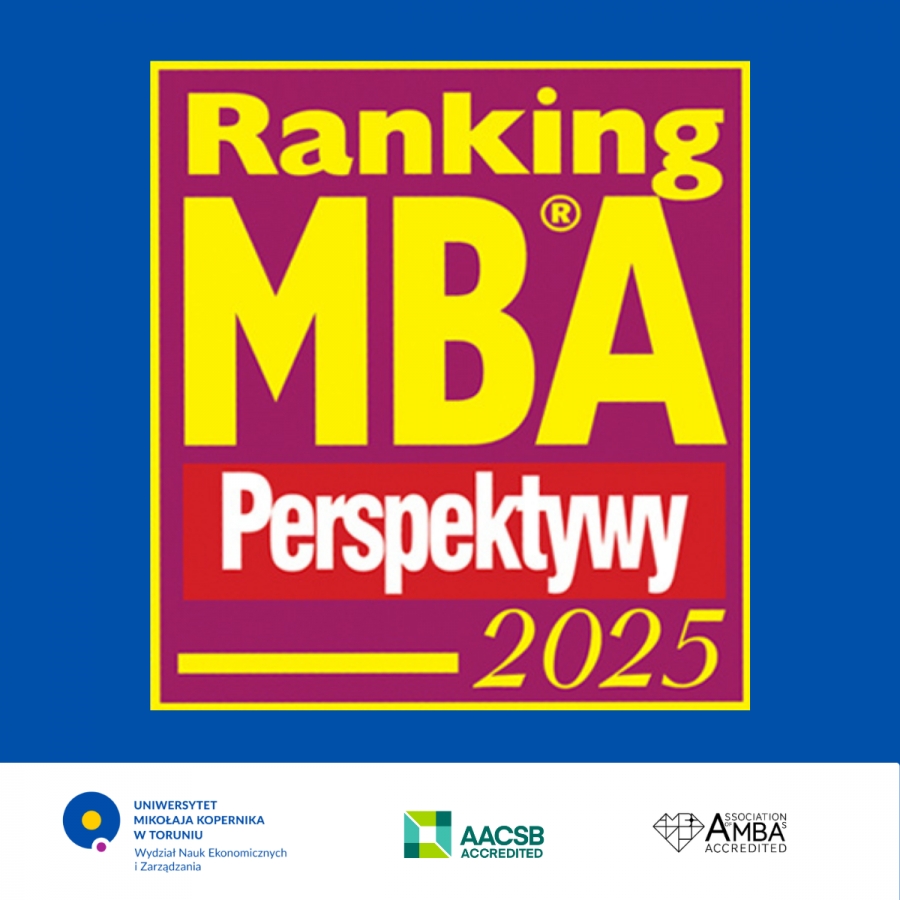 Grafika na granatowym tle z tekstem Ranking MBA Perspektywy 2025. Na dole logotyp WNEiZ UMK. AACSB accredited, AMBA accredited