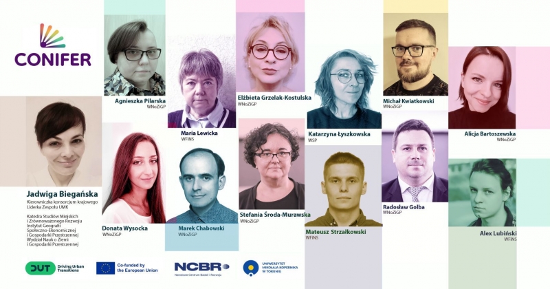 Grafika składająca się ze zdjęć portretowych osób z UMK zaangażowanych w projekt CONIFER. Na dole grafiki zamieszczono loga podmiotów zaangażowanych w projekt.