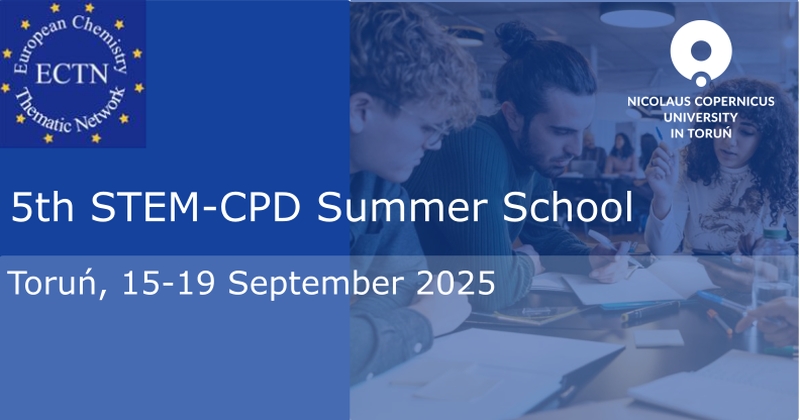 Flyer of the 5th STEM-CPD Summer School; group of teachers working on a project, learning objectives of the school